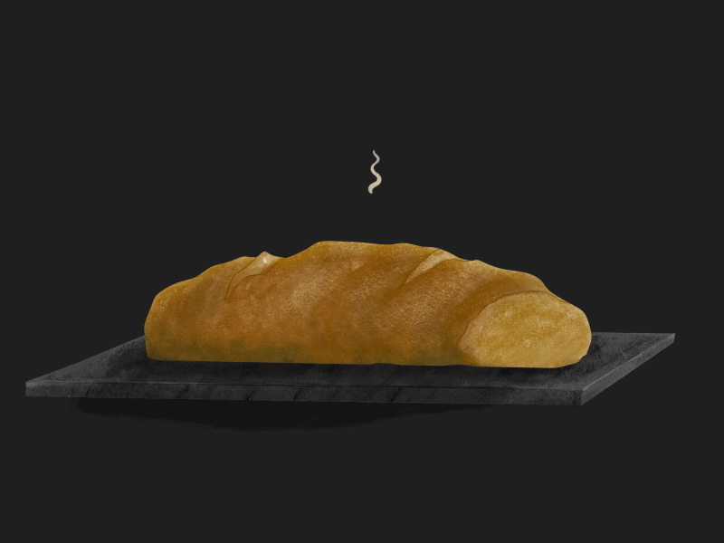 Illustration of a long loaf of bread on a gray cutting board, over a dark gray background